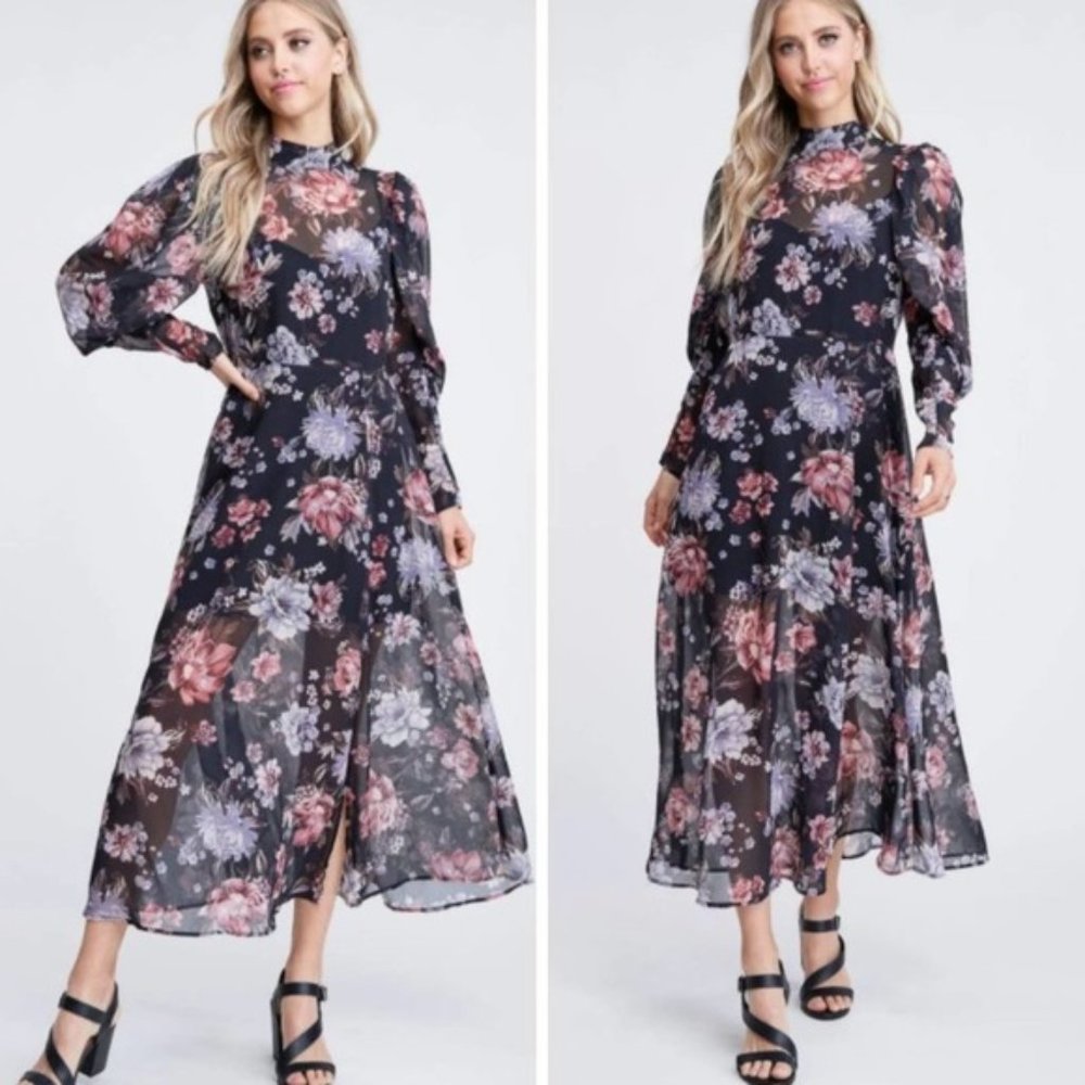 NWT En Saison Long Sleeve Floral Chiffon Midi Dress